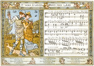 "It was a Lover and his Lass", laulukuvitus teoksesta "Pan-Pipes", Vanhojen laulujen kirja, vastikään sovitettu ja säestettynä Theo. Marzials, julkaissut Lontoossa George Routledge und Sons, 1884 ( tekijältä Walter Crane