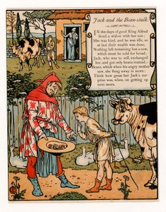 Jack myy lehmänsä pavuista, pubista The Blue Beard Picture Book. 1879 värilitografia, 1879. tekijältä Walter Crane