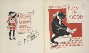 Sisällysluettelo ja otsikkosivu kohtaan "Puss in Boots". tekijältä Walter Crane
