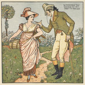 "Kaunis piikani". Herrasmies puhuu nuoren naisen kanssa. tekijältä Walter Crane