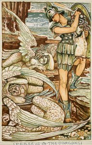 Perseus ja Gorgonit, kuvitus Nathaniel Hawthornen "Ihmekirjasta tytöille ja pojille" tekijältä Walter Crane
