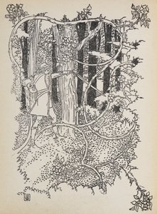 Prinssi Charming leikkaa tiensä umpeenkasvun metsän läpi Prinsessa Ruusunen luo. tekijältä Walter Crane