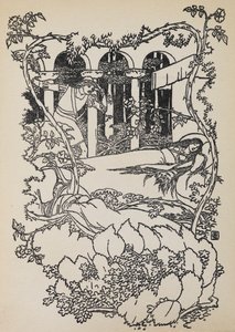 Prinssi Charming löytää Prinsessa Ruusunen nukkumasta rakennuksesta, joka on kasvanut piikkien umpeen. tekijältä Walter Crane