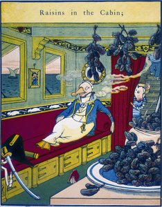 ""Grapes in the Cabin"", kohtaus laivan hytissä, jossa viinirypäleterttu etualalla - ""Routledgen värikkäässä kuvakirjassa"", joka sisältää ""kuningas Grizzly Bear", ""taikavene", " "Rumpelstiltskin" ja "Puffyn seikkailut", tekijältä Walter Crane