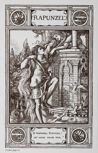 Rapunzel se debruça na janela de uma torre enquanto um príncipe sobe em seus cabelos. tekijältä Walter Crane