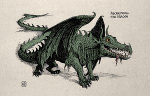 Esitys mytologisesta lohikäärmeestä Ashchemon Walter Cranen piirustus vuodelta 1899. tekijältä Walter Crane