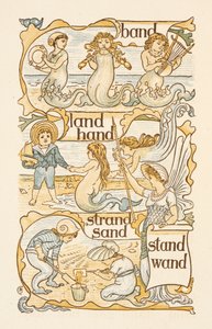 Rhyming sanat päättyvät kirjaimeen D. Mermaids. Lapset rakentavat hiekkalinnoja rannalle. Kultainen pohjamaali. tekijältä Walter Crane