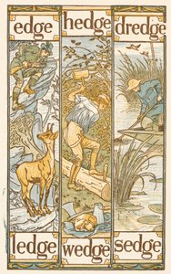 Riimittäviä sanoja, jotka päättyvät kirjaimeen E. Kultainen aluke. tekijältä Walter Crane