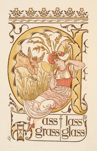 Riimiviä sanoja, jotka päättyvät kirjaimeen S. Nainen, jolla on kasvopeili. Kultainen pohjamaali. tekijältä Walter Crane