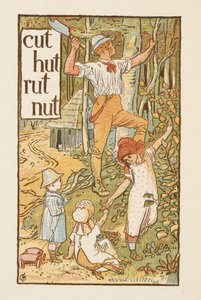 Riimittäviä sanoja, jotka päättyvät kirjaimeen T. Kuva, jossa mies katkaisee puuta. Hänen kanssaan on kolme lasta. Kultainen pohjamaali. tekijältä Walter Crane