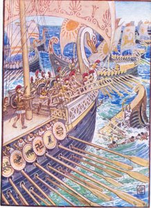 Laiva törmäsi laivaa vastaan, kunnes persialaiset kuolleet levittivät syvyyksiin kuin kukkia, esimerkki Kreikan tarinasta, 1930-luku tekijältä Walter Crane