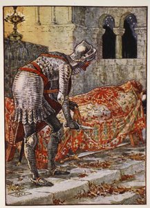 Sir Lancelot in the Chapel Perilous, Henry Gilbertin "Pyöreän pöydän ritarien tarinoista", ensimmäinen painos, 1911 tekijältä Walter Crane