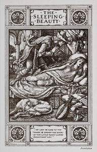 Sleeping Beauty makaa nukkumassa nukkuvan koiran ja soittimen ympäröimänä, kun Prinssi Charming valvoo häntä. tekijältä Walter Crane