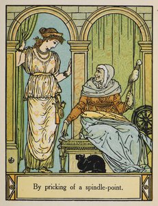 Prinsessa Ruusunen seisoo vanhan naisen vieressä, jolla on pyörivä pyörä ja lanka. Sen alla istuu musta kissa. tekijältä Walter Crane