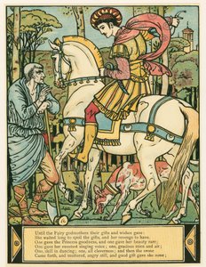 Prinssi kysyy reittiohjeita The Blue Beard Picture Bookista, pubista. 1879 värilitografia, 1879. tekijältä Walter Crane