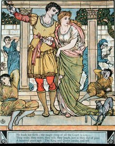Prinssi pelastamassa prinsessaa, kuvitus Charles Perraultin (1628-1703) teokseen "Sleeping Beauty" (värikaiverrus) tekijältä Walter Crane