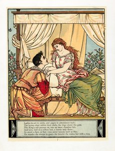 Prinssi herättää kauneuden, The Blue Beard Picture Book -pubista. 1879 värilitografia, 1879. tekijältä Walter Crane