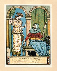 Prinsessa oppii pyörimään, The Blue Beard Picture Book -pubista. 1879 värilitografia, 1879. tekijältä Walter Crane
