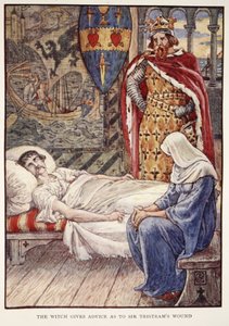 Noita neuvoo Sir Tristramin haavaa Henry Gilbertin teoksesta Stories of the Knights of the Round Table, ensimmäinen painos, 1911 tekijältä Walter Crane