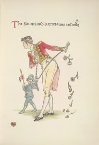 Erän painike. Nuori mies ketjutettuna hihansuissa; Cupid vie hänet mukanaan tekijältä Walter Crane