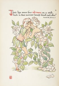 Kaksi hahmoa suutelemassa ruusuiksi pukeutuneena tekijältä Walter Crane