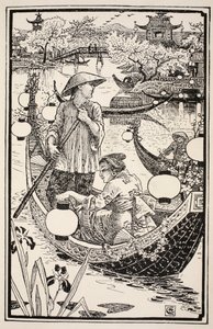 Illan tullessa he nousivat jälleen veneeseensä, vääntelevät sen kukilla keulasta perään, kuvitus rouva Burton Harrisonin kansanperinteistä ja saduista, 1885. tekijältä Walter Crane