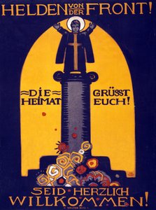 Saksan ensimmäisen maailmansodan juliste Sankareita rintamalta, Isänmaa tervehtii sinua! Tervetuloa pubiin. 1915 (väri-itografia)