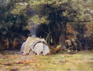 Uusi metsä: The Gipsy Camp lähellä kenneleitä Lyndhurstin ja Minsteadin välillä (väri litho) tekijältä Walter Frederick Roofe Tyndale