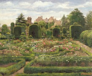 The Topiary Gardens, Levens Hall, Cumbria, 1886 (öljy kankaalle asetettu alukselle) tekijältä Walter Frederick Roofe Tyndale