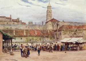 Jugoslavia: Markkinapäivä Splitissä (värilitho) tekijältä Walter Frederick Roofe Tyndale