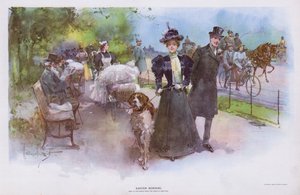 Pääsiäisaamu: nainen kävelee lemmikkikoiran kanssa (väri litho)