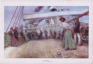 Mid-Ocean: matkustajat, jotka nauttivat shuffleboard-pelistä laivalla (värilitho)