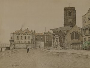 Alldins Coal Wharf ja Chelsea Old Church, Lontoo (lyijykynä ja wash paperille)