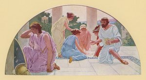 Odysseus löysi Akilleen koulutytöksi naamioituneena (värilitografia).