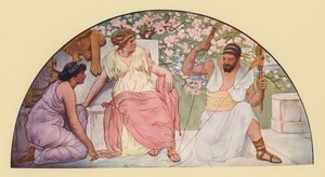 Hercules kehrää kuningatar Omphalea (värilitografia).