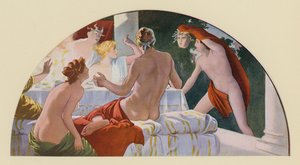 Perseus kohtaa Polydectesin ja Medusan gorgonapää (värilitografia).
