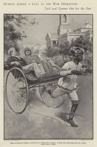 Brittiläinen merimies ja sotilas ratsastaa riksalla Durbanin kaduilla buurisodan (litho) taistelujen tauon aikana tekijältä Walter Paget