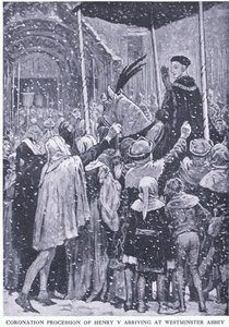 Henrik V:n kruunajaiskulkue saapumassa Westminster Abbeyyn 1413, Waverley Book Company Limitedin julkaisemasta Cassells History of the British People -teoksesta, n. 1940. tekijältä Walter Paget