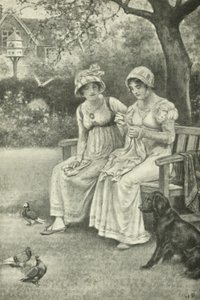 Jane Austen ompelee sisarensa Cassandran kanssa pappilan puutarhassa (litho) tekijältä Walter Paget