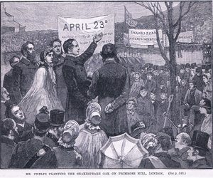 Herra Phelps istuttaa Shakespeare-tammea Primrose Hillille Lontoossa 1864 jKr tekijältä Walter Paget
