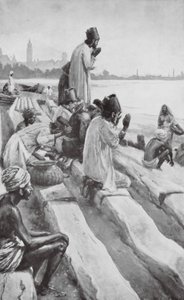 Parseja palvomassa nousevaa aurinkoa Bombayn rannalla (litografia). tekijältä Walter Paget