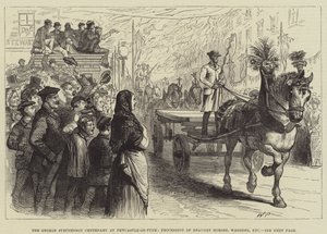 George Stephensonin satavuotisjuhla Newcastle-on-Tynessä, vetohevosten, vaunujen jne. kulkueet