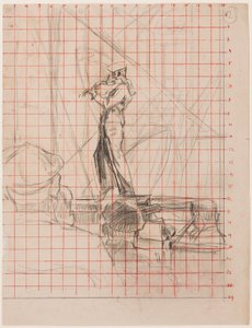 Viulisti, 192223 (lyijykynä paperille neliöity siirtoa varten punaisella musteella) tekijältä Walter Richard Sickert