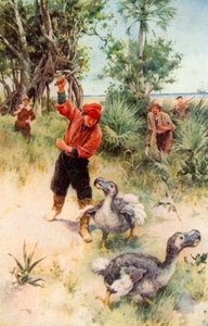 Hollantilaiset merimiehet Dodoja jahtaamassa (värilitografia) tekijältä Walter Stanley Paget
