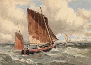 Ranskalainen Lugger seisoo merellä (värilitografia). tekijältä Walter William May