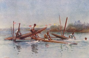 Uusi-Seelanti: Kanootti Hurdle Race (värillinen litografia): Canoe Hurdle Race (värillinen litografia)