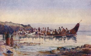Uusi-Seelanti: Sotakanootin paluu (värilitografia).