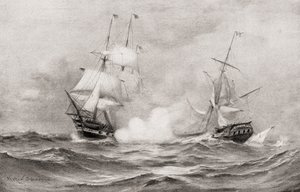 Taistelu USS Constitutionin ja HMS Guerrieren välillä vuoden 1812 sodan aikana, noin 400 mailia kaakkoon Halifaxista Nova Scotiassa, The History of Our Country, julkaistu 1905 tekijältä Warren Sheppard
