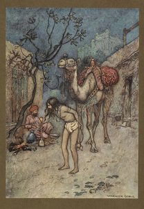 Levy 16: "Kamelinkuljettaja nousi kyytiin, sitoi kamelin puuhun paikan päällä ja alkoi tupakoida."  Folk-Tales of Bengal ... 32 värillistä Warwick Goblen kuvitusta. (De luxe.).  1914