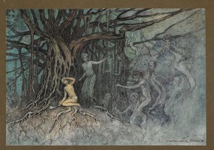 Levy 19: "Sillä hetkellä, kun ensimmäinen veto annettiin, monet haamut ryntäsivät kohti Brahmania "Folk-Tales of Bengal ... 32 värillisellä Warwick Goblen kuvituksella (Edition de luxe.) tekijältä Warwick Goble